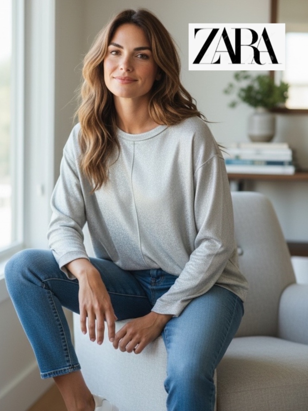 Zara silver splatter shimmer sweatshirt top, L, GP1528